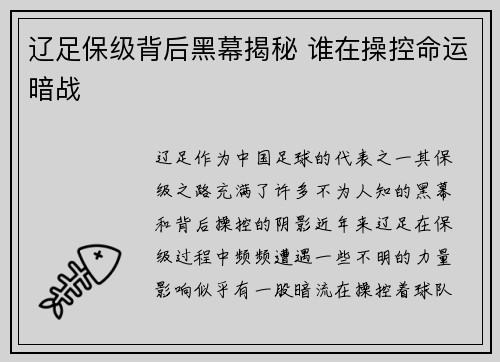 辽足保级背后黑幕揭秘 谁在操控命运暗战
